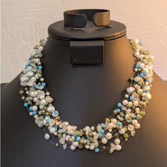 Multi-Strand Pearl Peridot Quartz Turquoise Bead 17"-19" 925 Sterling Necklace - Picture 1 of 6